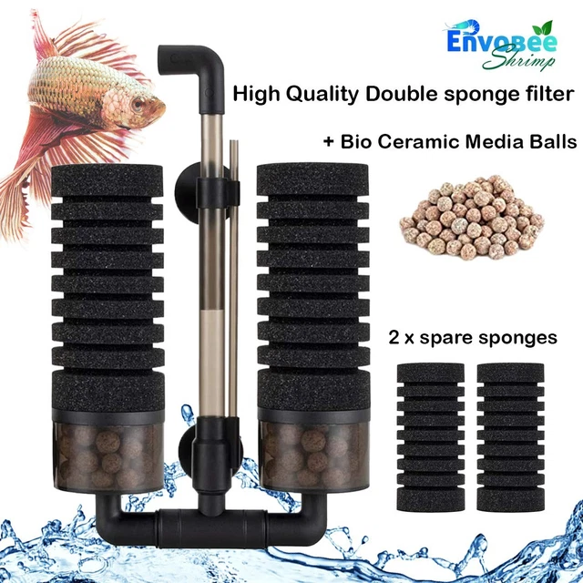 Aquarium Double Sponge Filter Air Biochemical Shrimp Betta Fish Tank + Bio Ball