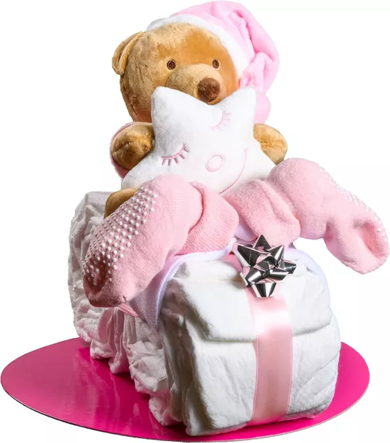 Windeltorte Motorrad in Rosa mit Kuscheltier als Geschenk zur Geburt Baby-Party