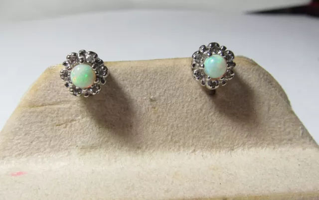 14K Solid White Gold Stud Earrings W / Colorful Natural Opals & Diamonds