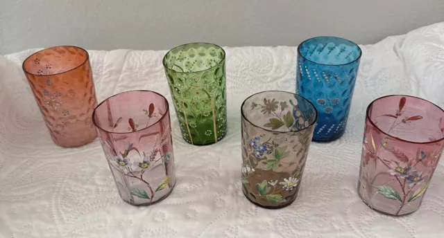 Victorian Floral Glass Tumblers Hand Painted Antique Lot of 6