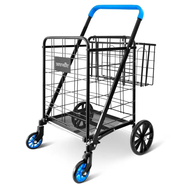 Shopping Supermarket Cart with 360 Rolling Swivel Wheels, Collapsible Design, Do