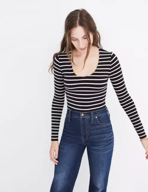 MADEWELL WOMEN'S  STRIPED LONG SLEEVE SOFT BLACK SONG SCOOP BODYSUIT Sz XS