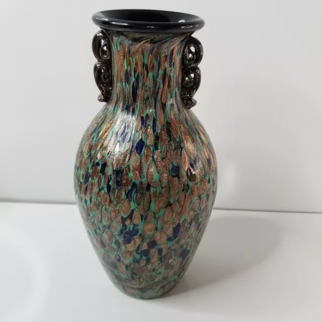 Mid Century MURANO Art Nouveau Aventurine 9 3/4" Peacock Colors Handled Vase