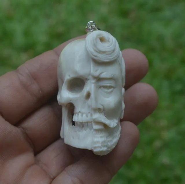 Skull Carving 52x37mm Pendant P5163 w/ Silver in Antler Hand Carved