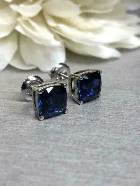 4Ct Cushion Cut Blue Sapphire Diamond Halo Stud Earrings 14K White Gold Finish