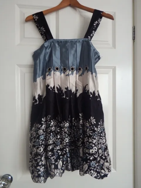 Heaven satin blue black white floral parachute hem sleeveless dress Size 10