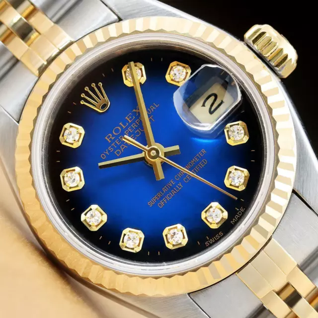 Rolex Donna Datejust Blu Vignette Diamante Bicolore 18K Oro Giallo 69173 Watch