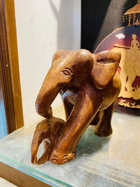 Ceylone Wood Elephant Sculpture Lucky Statue Hand Carved Wooden Figurine