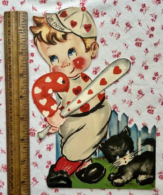 Vintage 1930s 8” Mechanical Valentine Card Cute Little Boy Baseball Bat & Kitten