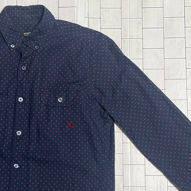 Burberry Black Label Men size M Polka Dot Navy Long Sleeve Shirt Logo Vintage Or