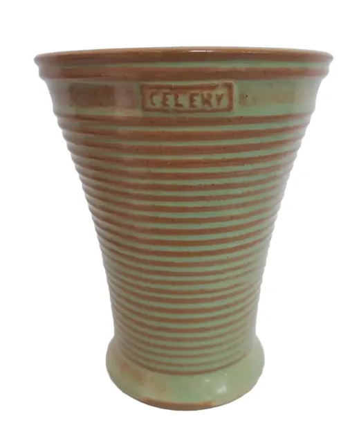 Burton Studio Pottery Celery Vase Stoneware Green/Brown Ribbed Pattern Used VGC