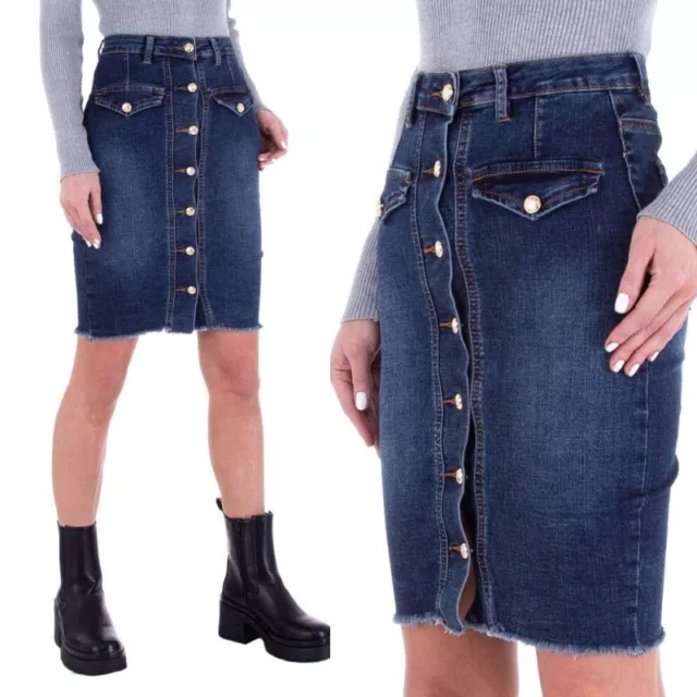 Jeans donna gonna skirt minigonna con bottoni al ginocchio vita alta blue denim