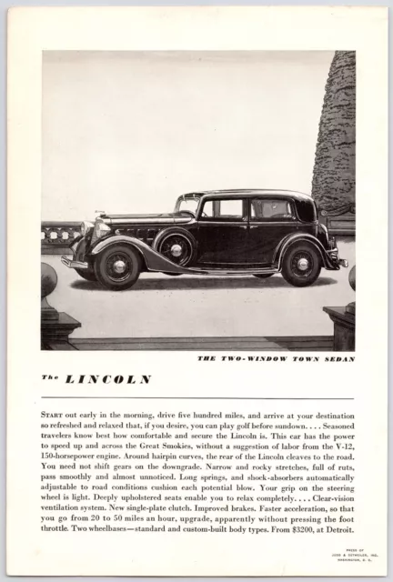 1934~Lincoln~Two-Window Town Sedan~Vintage 30s Car Print Ad