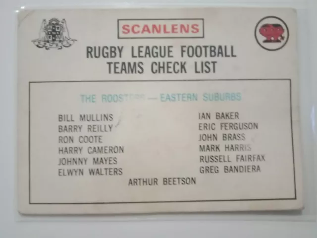 Scanlens Rugby League Cards 1975-1  Checklist Eastern Suburbs Roosters