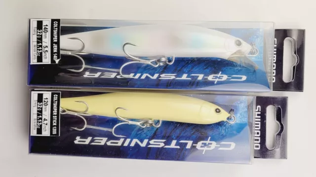 2 Shimano Coltsniper Plug Lures - 1 floating swimmer, 1 sinking stickbait