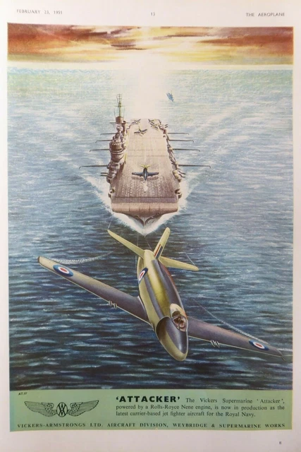2/1951 Pub Vickers Armstrongs Supermarine Attacker Royal Navy Hms Illustrious Ad