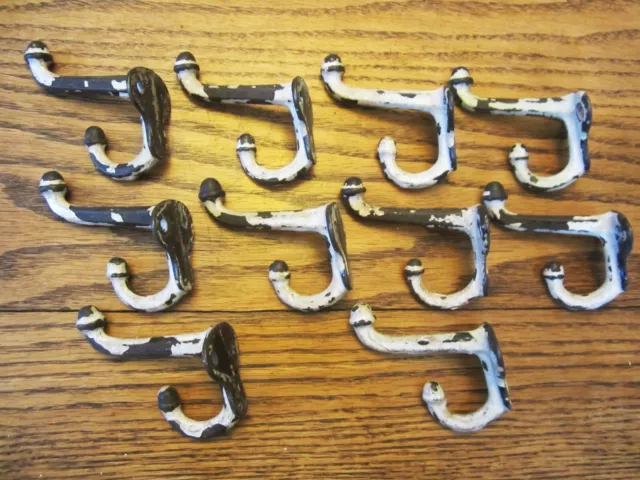 DOUBLE ACORNS Shabby Cast Iron School Hooks Primitive Coat Hat Rack Holders Chic