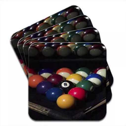 Pool Table Balls Ready To Play With Cues Set of 4 Coasters