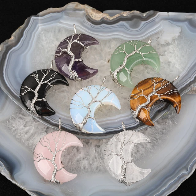 Natural Tree of Life Wire Wrapped Moon Carved Pendant Crystal Quartz Healing