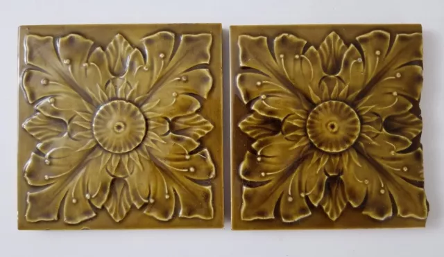 2 Vintage Yellow Encaustic Tile Arts and Crafts Ceramic Pottery 6" Flowers