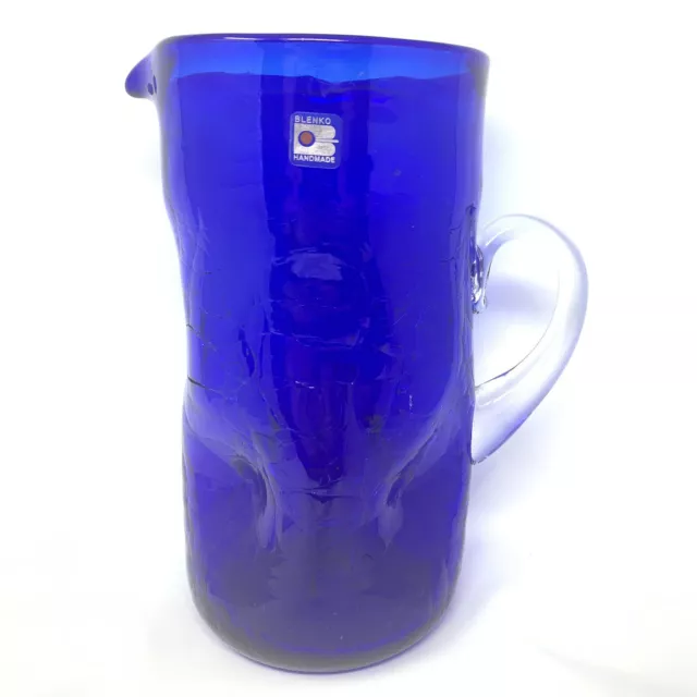 Blenko Blue Crackle Glass Pinched Dimpled Pitcher Hand Blown Original Label 11”