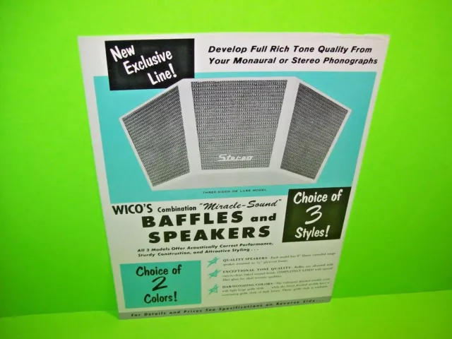 Wico BAFFLES and SPEAKERS Jukebox  Music Phonograph Original promo sales Flyer