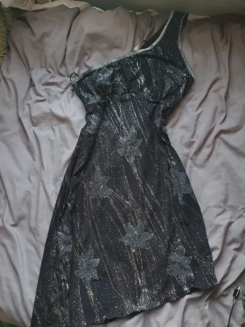 Jane norman 00s glitter floral flower gothic witchy asymmetrical mini dress Y2K