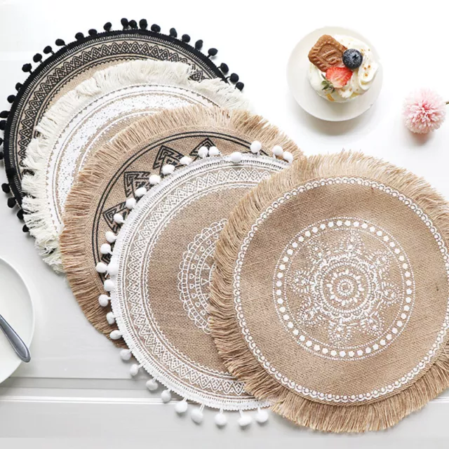 Round 38cm Linen Table Mat Lace Placemat Natural Jute Woven Tableware Mat 06UK