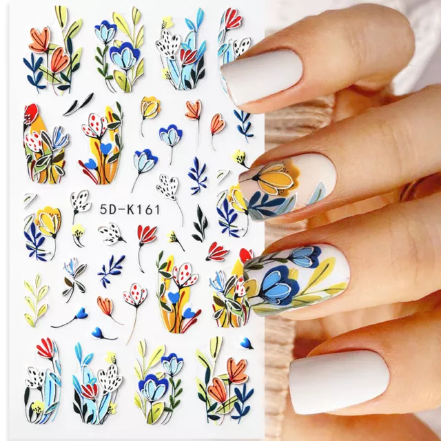 5D Engraved Tulip Flower Leaf  Stickers Embossed Nail Decals DIY