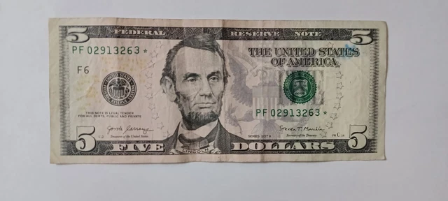 RARE! ☆$5 Dollar Bill ☆STAR☆ NOTE 2017A Misaligned Serial Number Print Error