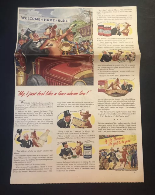 1940’s Borden’s Milk Elsie The Cow & Town Mayor Colored Newspaper Print Ad