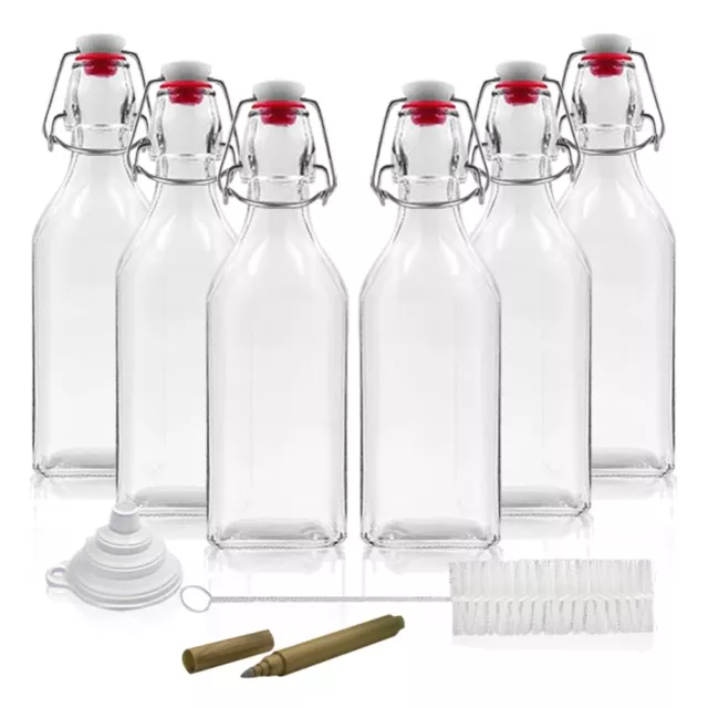 Nevlers 8.5 Oz. Airtight Glass Swing Top Bottles + Accessories (Pack of 6)