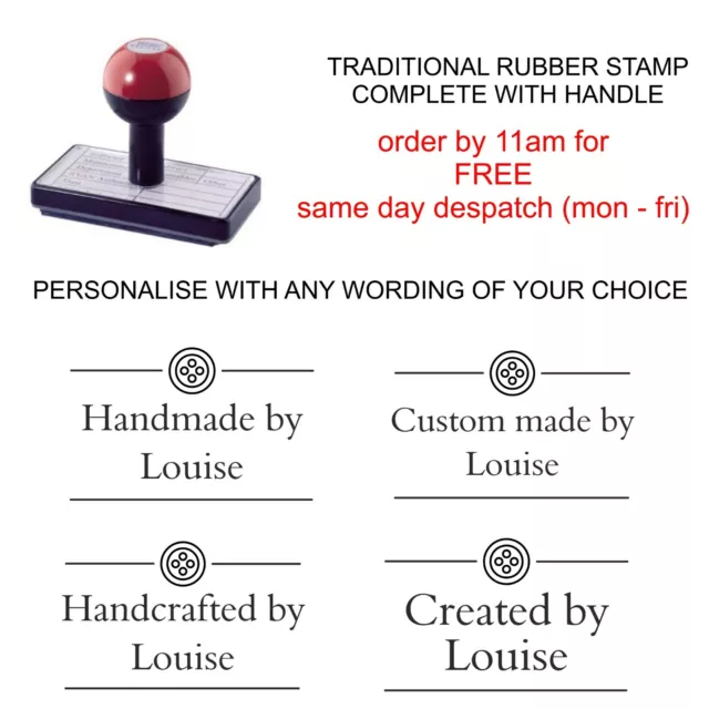 Personalised Customised Handmade By Rubber Stamp With Your Name And Button Image