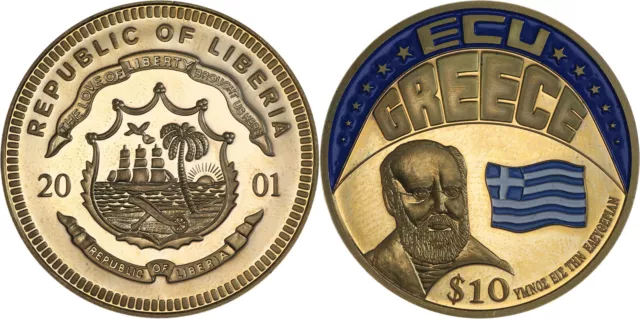 Liberia: 10 Dollars gold plated copper-nickel 2001 (ECU, Greece) - UNC