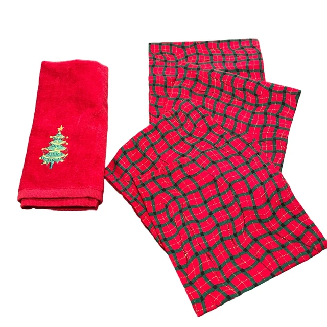 Toalla de mano roja de Navidad y 4 servilletas rojas verdes de fiesta