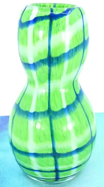 Murano Style Hand Blown Green Blue Stripes Abstract Art Glass Vase 10.5" Tall