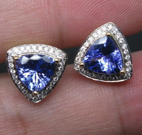 Trillion Cut 3 CT Simulated Blue Sapphire Halo Stud Earrings 14K White Gold Over