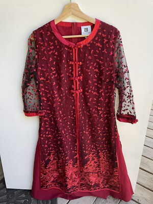 New Vicky And Lucas Red Half-Sleeve A-Line Embroidered Dress Size Large