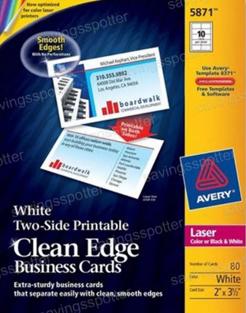 Avery 2 sided Business Cards Clean Edge 2 x 3.5 White Laser 80Pk 5871