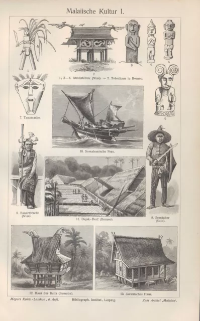 Lithografie 1906: Malaiische Kultur I/II. Asien Malaysia Werkzeug Schiffe Handwe