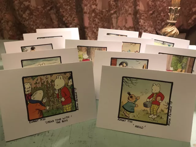 12 Rupert Bear Handmade Vintage Cards & Envelopes -Real Pictures-signed Recycled 3