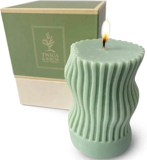 Twigs & Birch Curvy Pillar Candle (1 Pistachio Green Artisan Hand Made) | 100% N
