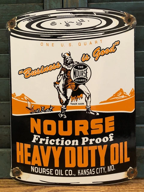 Vintage Old Nourse Heavy Duty Motor Oil Can Porcelain Gas Station Sign Kansas
