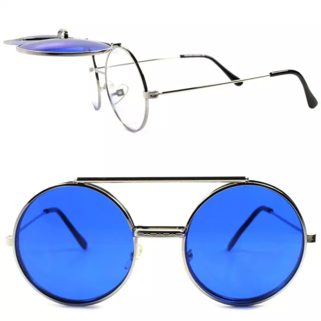 Retro Style Mens Womens Django Lennon Silver Flip Up Blue Lens Round Sunglasses