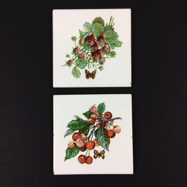 Decorative 2 Ceramic Tiles Trivets Berries Butterflies Imola Coop Ceramica Italy
