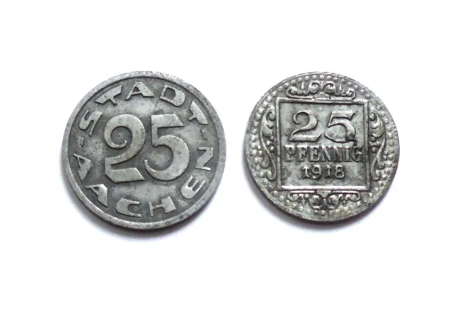 2 Münzen Notgeld AACHEN und MÜNSTER: 25 Pfennig Eisen 1918 und 1920
