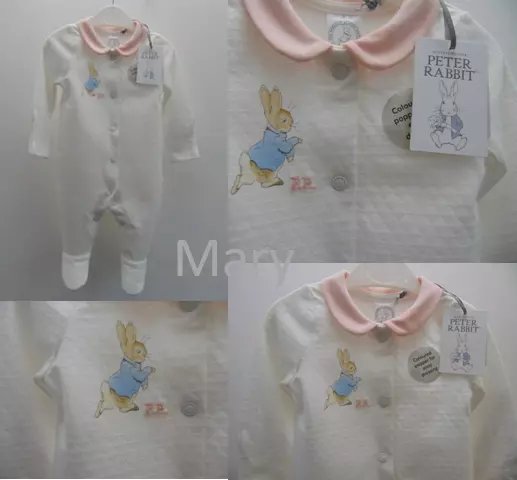New Baby Girls Peter Rabbit Pink Peter Pan Collar Sleepsuit Babygrow 9-12 m Gift
