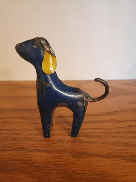 Blue and Yellow Distressed Metal Dog Statue Figurine