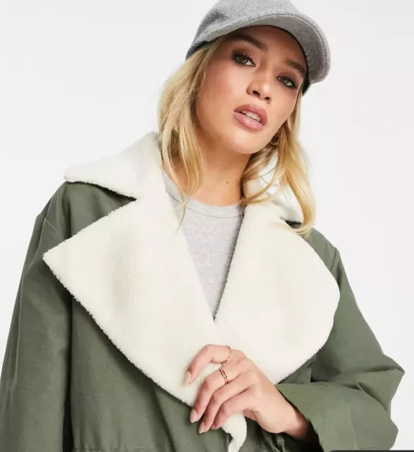 ASOS DESIGN quilt lined parka coat with borg collar Olive 12 3