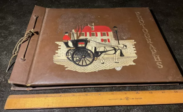 Vintage Embossed Painted Leather Horse Carriage Scene Scrapbook Photo Album